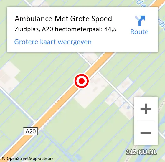 Locatie op kaart van de 112 melding: Ambulance Met Grote Spoed Naar Zuidplas, A20 hectometerpaal: 44,5 op 18 augustus 2022 08:39