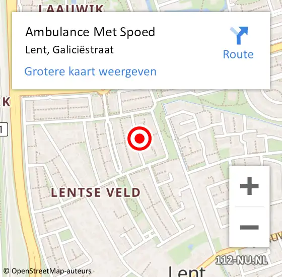 Locatie op kaart van de 112 melding: Ambulance Met Spoed Naar Lent, Galiciëstraat op 18 augustus 2022 10:36