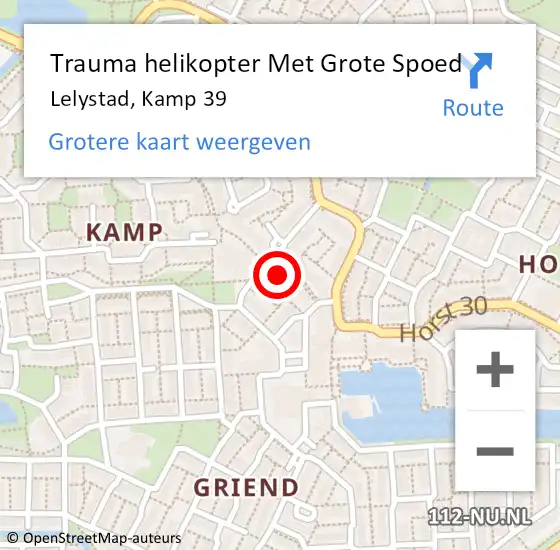 Locatie op kaart van de 112 melding: Trauma helikopter Met Grote Spoed Naar Lelystad, Kamp 39 op 18 augustus 2022 11:52