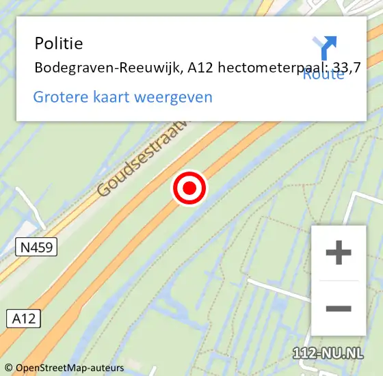 Locatie op kaart van de 112 melding: Politie Bodegraven-Reeuwijk, A12 hectometerpaal: 33,7 op 18 augustus 2022 14:05