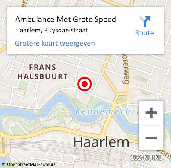 Locatie op kaart van de 112 melding: Ambulance Met Grote Spoed Naar Haarlem, Ruysdaelstraat op 18 augustus 2022 14:46