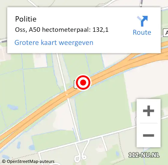 Locatie op kaart van de 112 melding: Politie Oss, A50 hectometerpaal: 132,1 op 18 augustus 2022 15:15