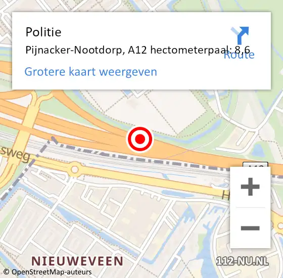 Locatie op kaart van de 112 melding: Politie Pijnacker-Nootdorp, A12 hectometerpaal: 8,6 op 18 augustus 2022 15:23