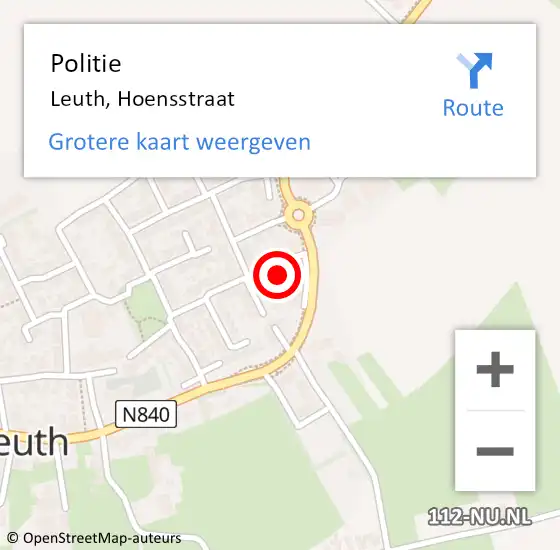 Locatie op kaart van de 112 melding: Politie Leuth, Hoensstraat op 18 augustus 2022 15:50