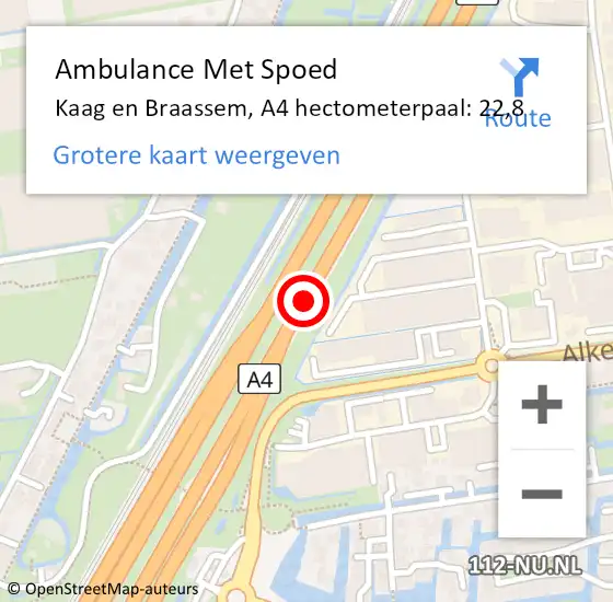 Locatie op kaart van de 112 melding: Ambulance Met Spoed Naar Kaag en Braassem, A4 hectometerpaal: 22,8 op 18 augustus 2022 16:08