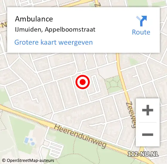 Locatie op kaart van de 112 melding: Ambulance IJmuiden, Appelboomstraat op 18 augustus 2022 16:11