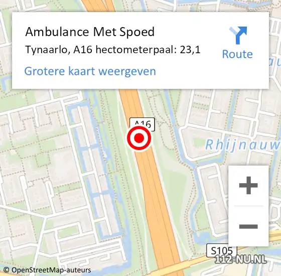 Locatie op kaart van de 112 melding: Ambulance Met Spoed Naar Tynaarlo, A16 hectometerpaal: 23,1 op 18 augustus 2022 16:23
