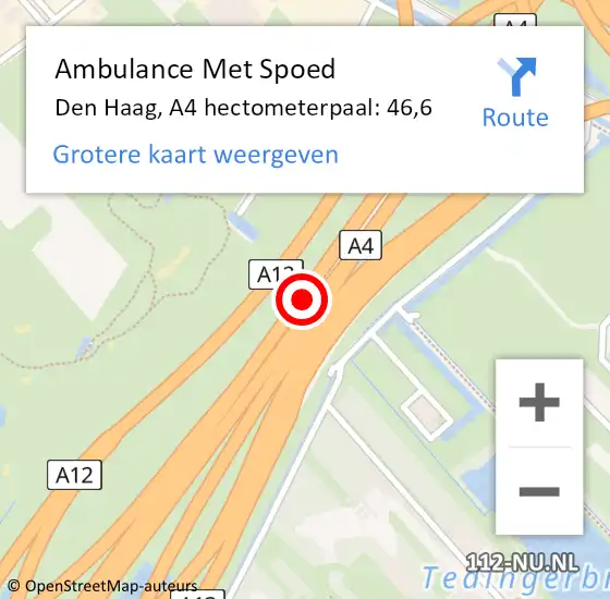 Locatie op kaart van de 112 melding: Ambulance Met Spoed Naar Den Haag, A4 hectometerpaal: 46,6 op 18 augustus 2022 17:54