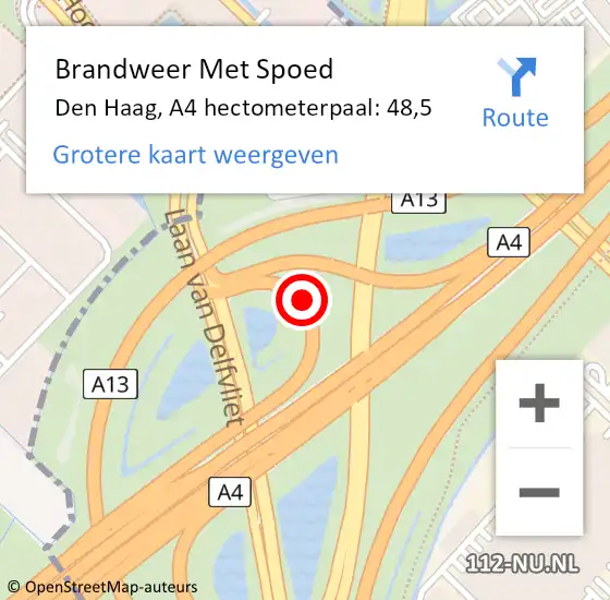 Locatie op kaart van de 112 melding: Brandweer Met Spoed Naar Den Haag, A4 hectometerpaal: 48,5 op 18 augustus 2022 18:02