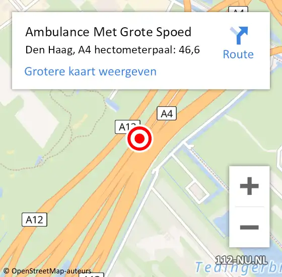 Locatie op kaart van de 112 melding: Ambulance Met Grote Spoed Naar Den Haag, A4 hectometerpaal: 46,6 op 18 augustus 2022 18:12