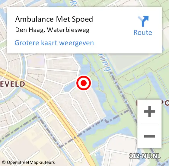 Locatie op kaart van de 112 melding: Ambulance Met Spoed Naar Den Haag, Waterbiesweg op 18 augustus 2022 19:01