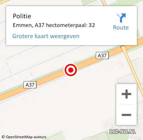 Locatie op kaart van de 112 melding: Politie Emmen, A37 hectometerpaal: 32 op 18 augustus 2022 19:30