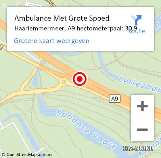 Locatie op kaart van de 112 melding: Ambulance Met Grote Spoed Naar Haarlemmermeer, A9 hectometerpaal: 30,9 op 18 augustus 2022 20:27