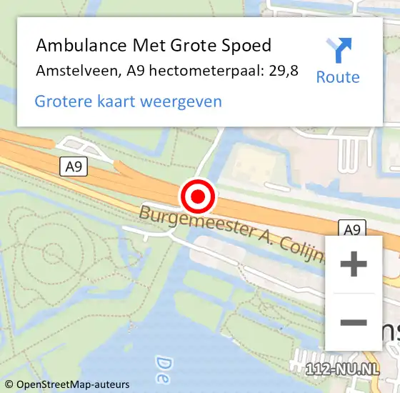 Locatie op kaart van de 112 melding: Ambulance Met Grote Spoed Naar Amstelveen, A9 hectometerpaal: 29,8 op 18 augustus 2022 20:31