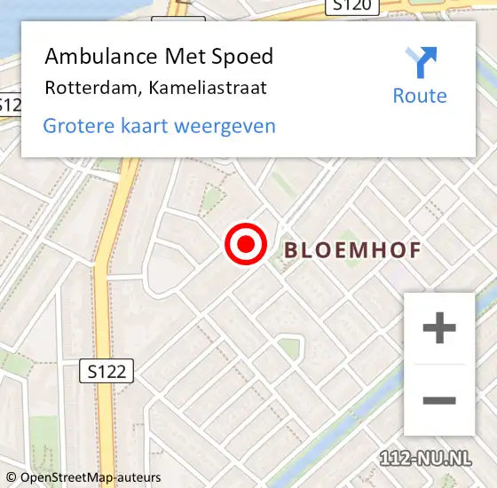 Locatie op kaart van de 112 melding: Ambulance Met Spoed Naar Rotterdam, Kameliastraat op 18 augustus 2022 20:35