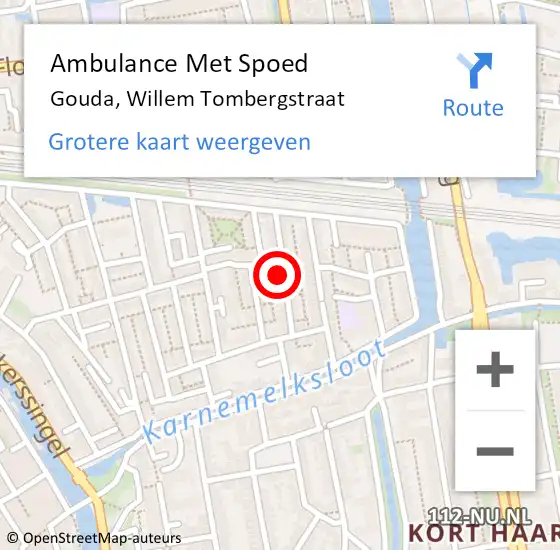 Locatie op kaart van de 112 melding: Ambulance Met Spoed Naar Gouda, Willem Tombergstraat op 18 augustus 2022 21:18