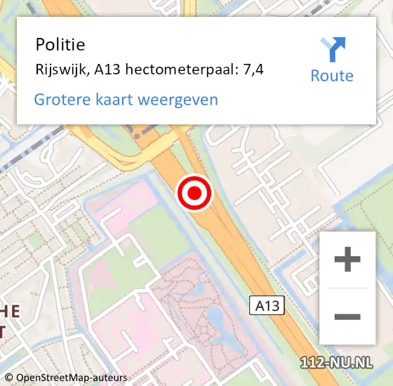 Locatie op kaart van de 112 melding: Politie Rijswijk, A13 hectometerpaal: 7,4 op 18 augustus 2022 21:28