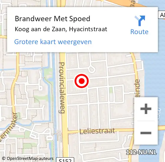 Locatie op kaart van de 112 melding: Brandweer Met Spoed Naar Koog aan de Zaan, Hyacintstraat op 18 augustus 2022 21:58