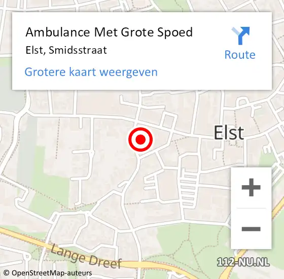 Locatie op kaart van de 112 melding: Ambulance Met Grote Spoed Naar Elst, Smidsstraat op 18 augustus 2022 23:38