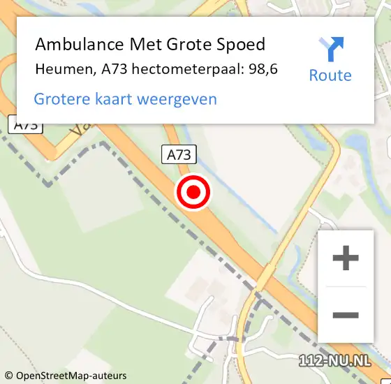 Locatie op kaart van de 112 melding: Ambulance Met Grote Spoed Naar Heumen, A73 hectometerpaal: 98,6 op 19 augustus 2022 01:59