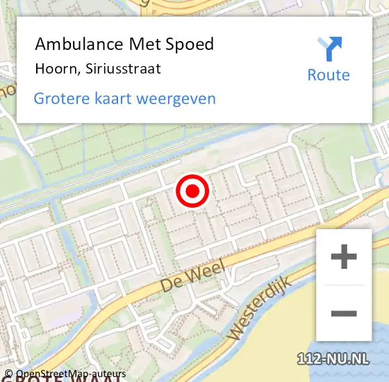 Locatie op kaart van de 112 melding: Ambulance Met Spoed Naar Hoorn, Siriusstraat op 19 augustus 2022 02:28