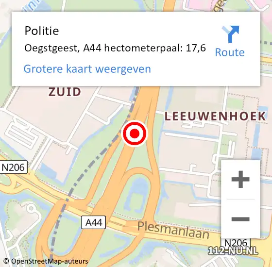 Locatie op kaart van de 112 melding: Politie Oegstgeest, A44 hectometerpaal: 17,6 op 19 augustus 2022 03:43