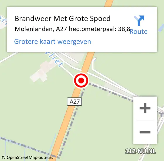 Locatie op kaart van de 112 melding: Brandweer Met Grote Spoed Naar Molenlanden, A27 hectometerpaal: 38,8 op 19 augustus 2022 07:38