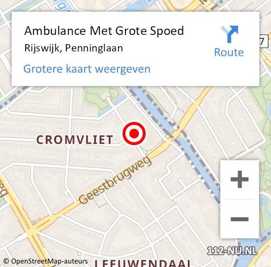 Locatie op kaart van de 112 melding: Ambulance Met Grote Spoed Naar Rijswijk, Penninglaan op 19 augustus 2022 08:30