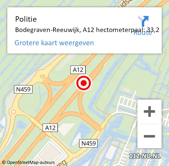 Locatie op kaart van de 112 melding: Politie Bodegraven-Reeuwijk, A12 hectometerpaal: 33,2 op 19 augustus 2022 10:56