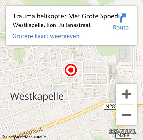 Locatie op kaart van de 112 melding: Trauma helikopter Met Grote Spoed Naar Westkapelle, Kon. Julianastraat op 19 augustus 2022 11:01