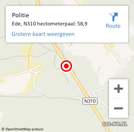 Locatie op kaart van de 112 melding: Politie Ede, N310 hectometerpaal: 58,9 op 19 augustus 2022 11:19