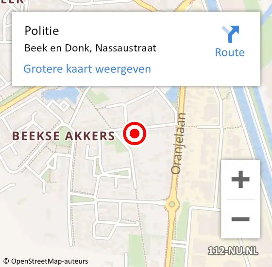 Locatie op kaart van de 112 melding: Politie Beek en Donk, Nassaustraat op 19 augustus 2022 12:43