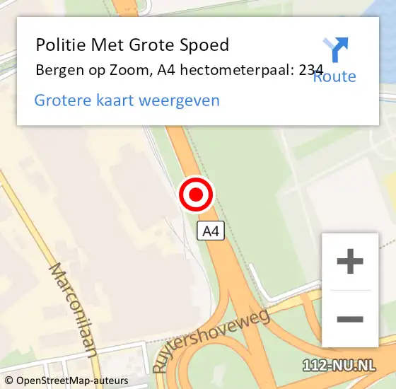 Locatie op kaart van de 112 melding: Politie Met Grote Spoed Naar Bergen op Zoom, A4 hectometerpaal: 234 op 19 augustus 2022 14:03