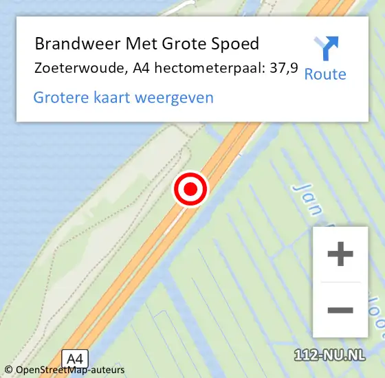 Locatie op kaart van de 112 melding: Brandweer Met Grote Spoed Naar Zoeterwoude, A4 hectometerpaal: 37,9 op 19 augustus 2022 14:55