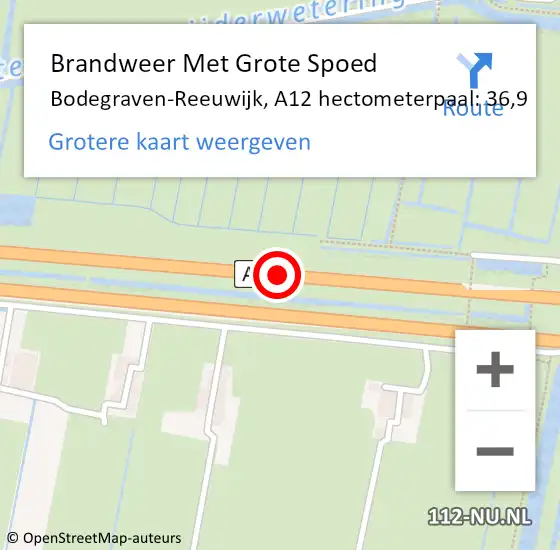 Locatie op kaart van de 112 melding: Brandweer Met Grote Spoed Naar Bodegraven-Reeuwijk, A12 hectometerpaal: 36,9 op 19 augustus 2022 16:06