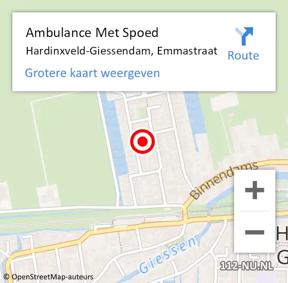 Locatie op kaart van de 112 melding: Ambulance Met Spoed Naar Hardinxveld-Giessendam, Emmastraat op 19 augustus 2022 16:58