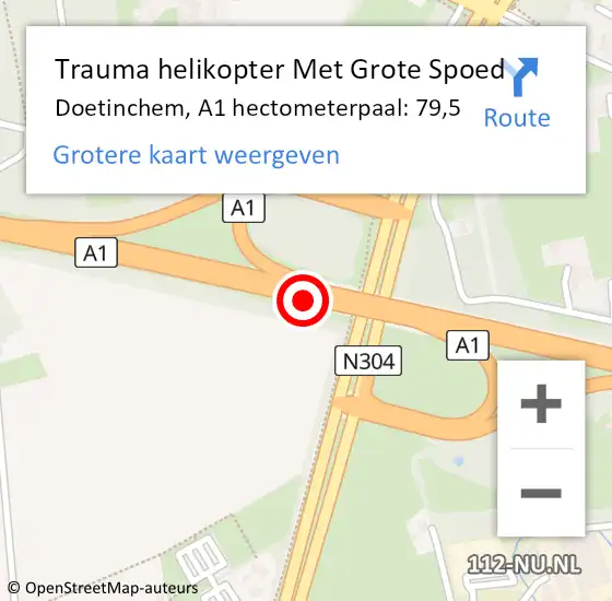 Locatie op kaart van de 112 melding: Trauma helikopter Met Grote Spoed Naar Doetinchem, A1 hectometerpaal: 79,5 op 19 augustus 2022 17:04