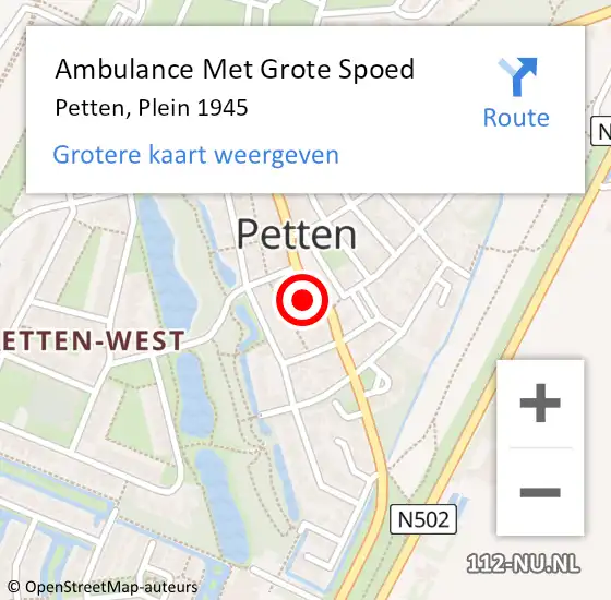 Locatie op kaart van de 112 melding: Ambulance Met Grote Spoed Naar Petten, Plein 1945 op 19 augustus 2022 17:29