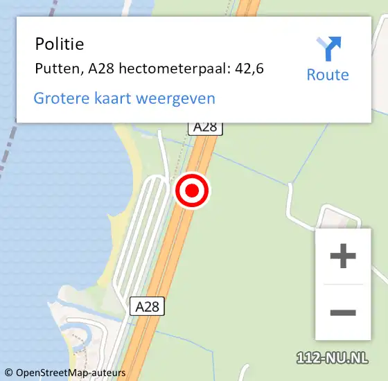 Locatie op kaart van de 112 melding: Politie Putten, A28 hectometerpaal: 42,6 op 19 augustus 2022 17:36