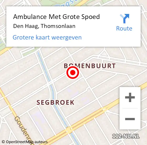 Locatie op kaart van de 112 melding: Ambulance Met Grote Spoed Naar Den Haag, Thomsonlaan op 19 augustus 2022 21:36