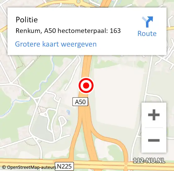 Locatie op kaart van de 112 melding: Politie Renkum, A50 hectometerpaal: 163 op 19 augustus 2022 22:26