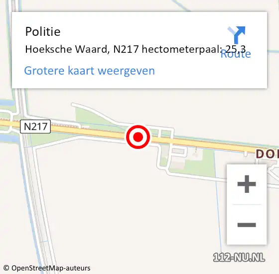 Locatie op kaart van de 112 melding: Politie Hoeksche Waard, N217 hectometerpaal: 25,3 op 19 augustus 2022 22:37