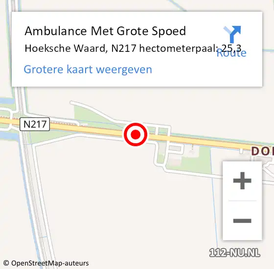 Locatie op kaart van de 112 melding: Ambulance Met Grote Spoed Naar Hoeksche Waard, N217 hectometerpaal: 25,3 op 19 augustus 2022 22:38