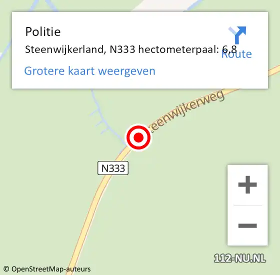 Locatie op kaart van de 112 melding: Politie Steenwijkerland, N333 hectometerpaal: 6,8 op 20 augustus 2022 00:07