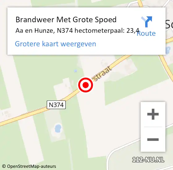 Locatie op kaart van de 112 melding: Brandweer Met Grote Spoed Naar Aa en Hunze, N374 hectometerpaal: 23,4 op 20 augustus 2022 01:55