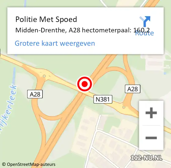 Locatie op kaart van de 112 melding: Politie Met Spoed Naar Midden-Drenthe, A28 hectometerpaal: 160,2 op 20 augustus 2022 01:59