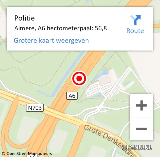 Locatie op kaart van de 112 melding: Politie Almere, A6 hectometerpaal: 56,8 op 20 augustus 2022 06:22