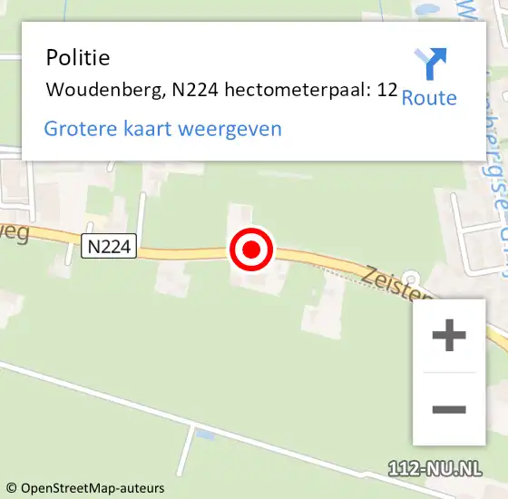 Locatie op kaart van de 112 melding: Politie Woudenberg, N224 hectometerpaal: 12 op 20 augustus 2022 10:02