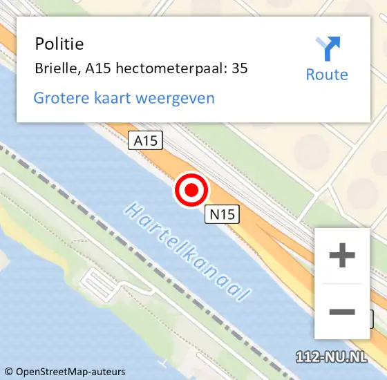 Locatie op kaart van de 112 melding: Politie Brielle, A15 hectometerpaal: 35 op 20 augustus 2022 12:29
