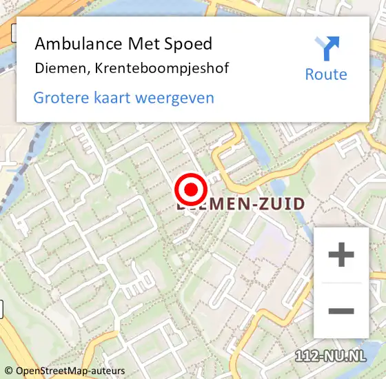 Locatie op kaart van de 112 melding: Ambulance Met Spoed Naar Diemen, Krenteboompjeshof op 20 augustus 2022 12:57